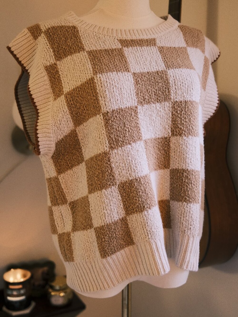 Anthropologie Maeve Checkered Sweater Vest Neutral Knit Size M